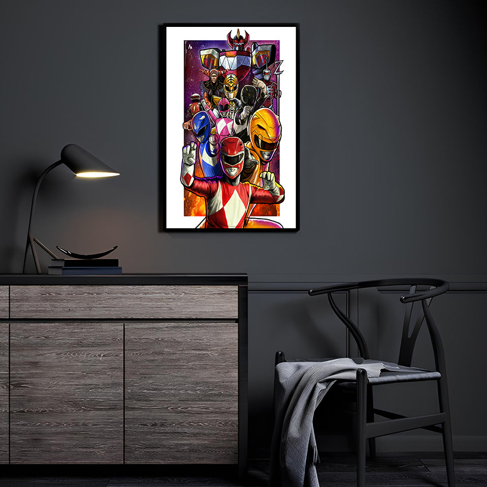 Mighty Morphin Power Rangers charging forward with Megazord in background; art by Emmanuel Centeno, colors by Marvin Tabacon.