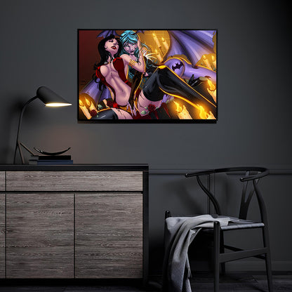 Morrigan and Vampirella Dark Temptations Wall Art Room Mockup – Artwork by Jimbo & Splash
