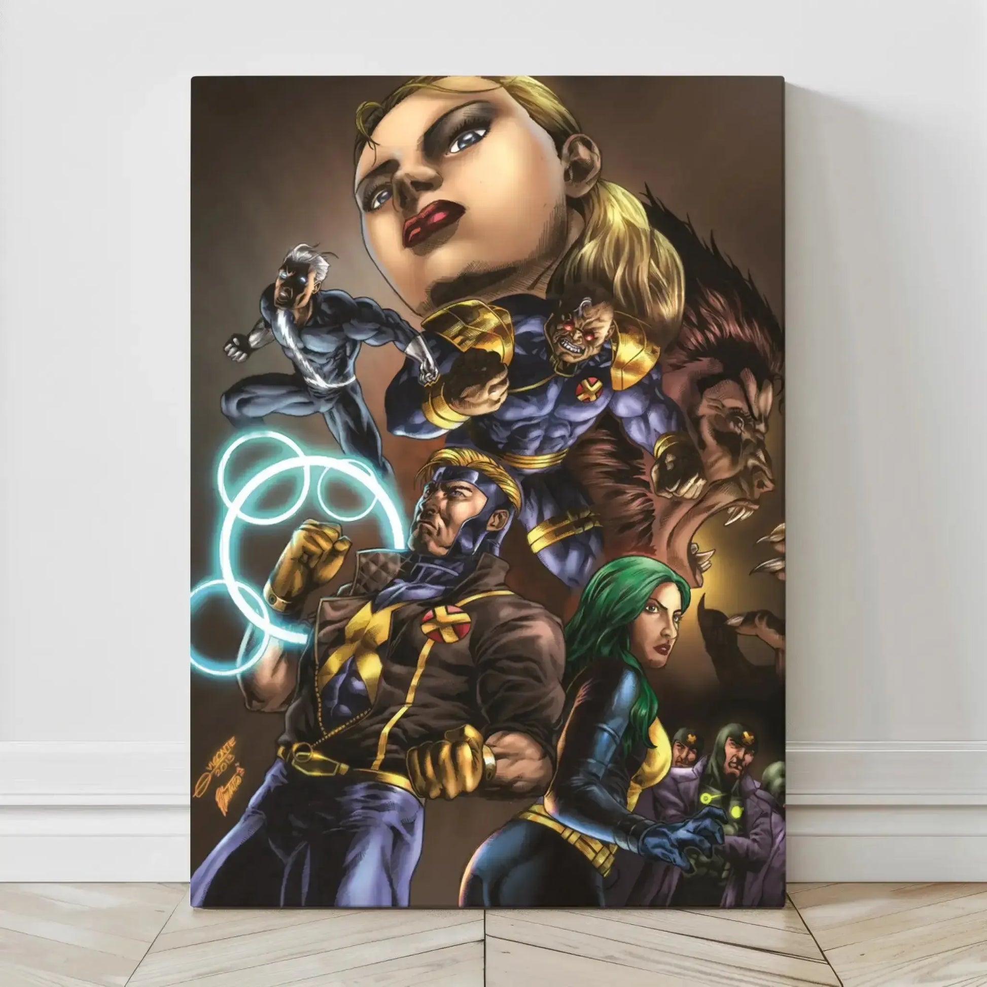 Canvas art of Marvel’s X-Factor team featuring Havok, Polaris, Strong Guy, and Quicksilver