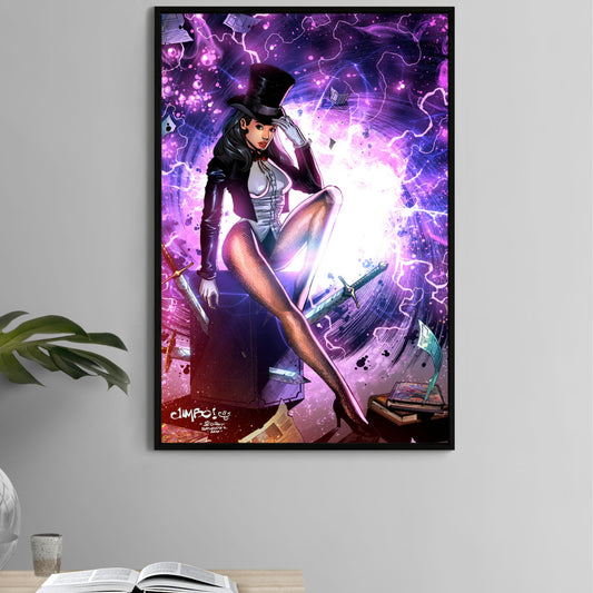  Zatanna-inspired 11x17 wall print with magical energy and top hat sorceress