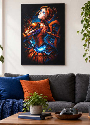 N7 Biotic Vanguard Orianna canvas wall art in a cozy gaming lounge