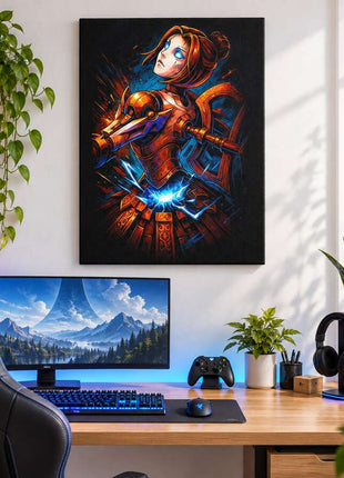 N7 Biotic Vanguard Orianna canvas wall art in a bright gaming room