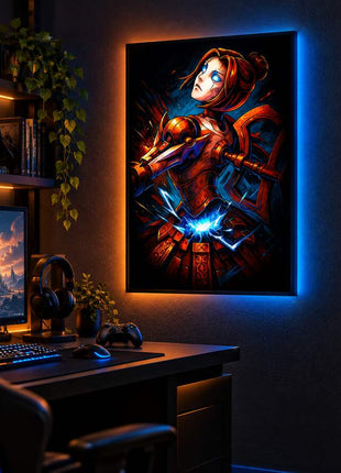 N7 Biotic Vanguard Orianna LED lightbox wall art glowing in a dark gaming room