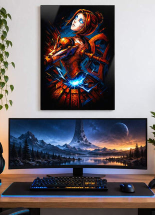 N7 Biotic Vanguard Orianna metal wall art above a modern gaming desk