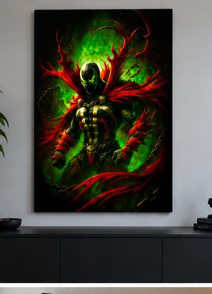 Necroplasm Unchained Spawn acrylic wall art displayed above a modern console in a realistic living space without visible corner mounts