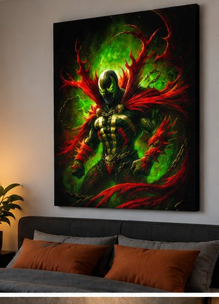 Necroplasm Unchained Spawn canvas wall art displayed above a bed in a realistic modern bedroom