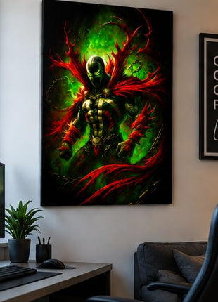 Necroplasm Unchained Spawn metal wall art displayed in a realistic modern gaming office without visible corner mounts