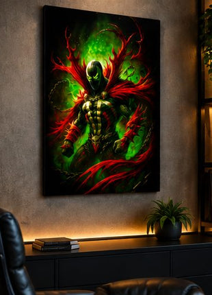 Necroplasm Unchained Spawn metal wall art displayed in a realistic modern media lounge without visible corner mounts