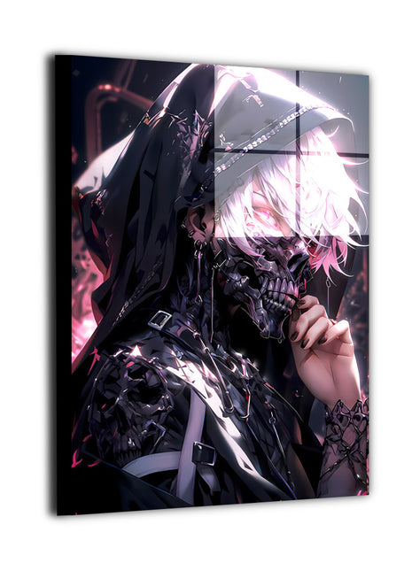 Ultra-sharp metal wall art depicting a cyberpunk-inspired anime character with glowing eyes and dystopian aesthetic