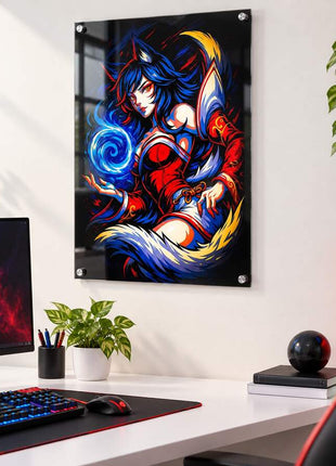 Nine-Tailed Spirit Orb Ahri acrylic wall art in a bright gaming office