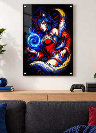 Nine-Tailed Spirit Orb Ahri acrylic wall art in a modern media lounge