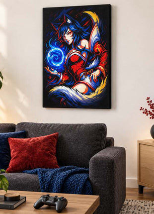Nine-Tailed Spirit Orb Ahri canvas wall art in a cozy gaming lounge
