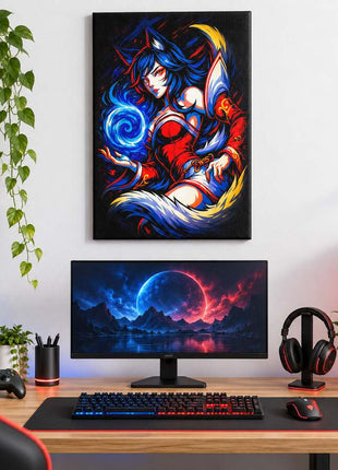 Nine-Tailed Spirit Orb Ahri canvas wall art in a bright gaming room
