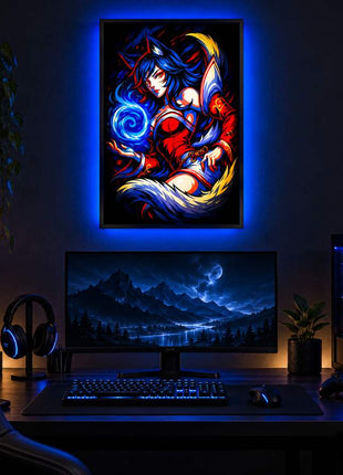 Nine-Tailed Spirit Orb Ahri LED lightbox wall art glowing in a dark gaming room
