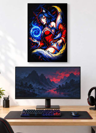 Nine-Tailed Spirit Orb Ahri metal wall art above a modern gaming desk