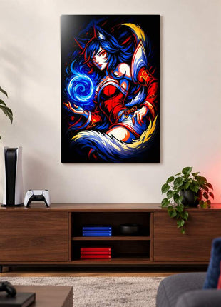 Nine-Tailed Spirit Orb Ahri metal wall art in a bright media room
