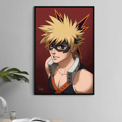 Poster — intense portrait of spiky-haired hero student with black mask; explosive, hero-academy–inspired artwork by Sam Dela Torre.