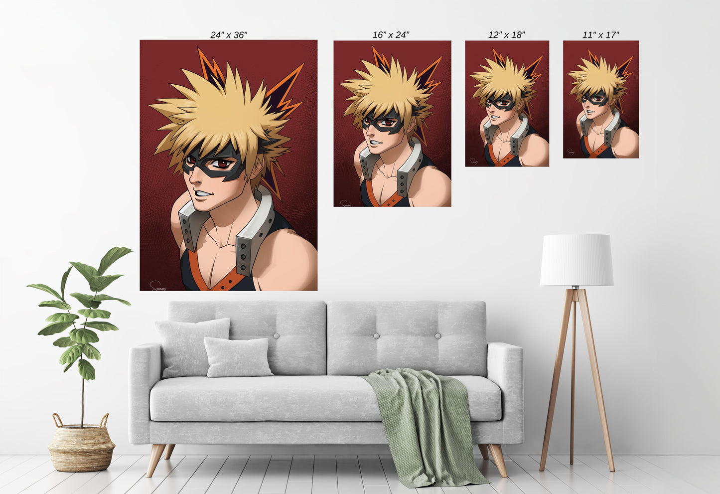 Room mockup — framed blast-themed hero portrait as wall centerpiece; energetic anime décor for gaming or office spaces.