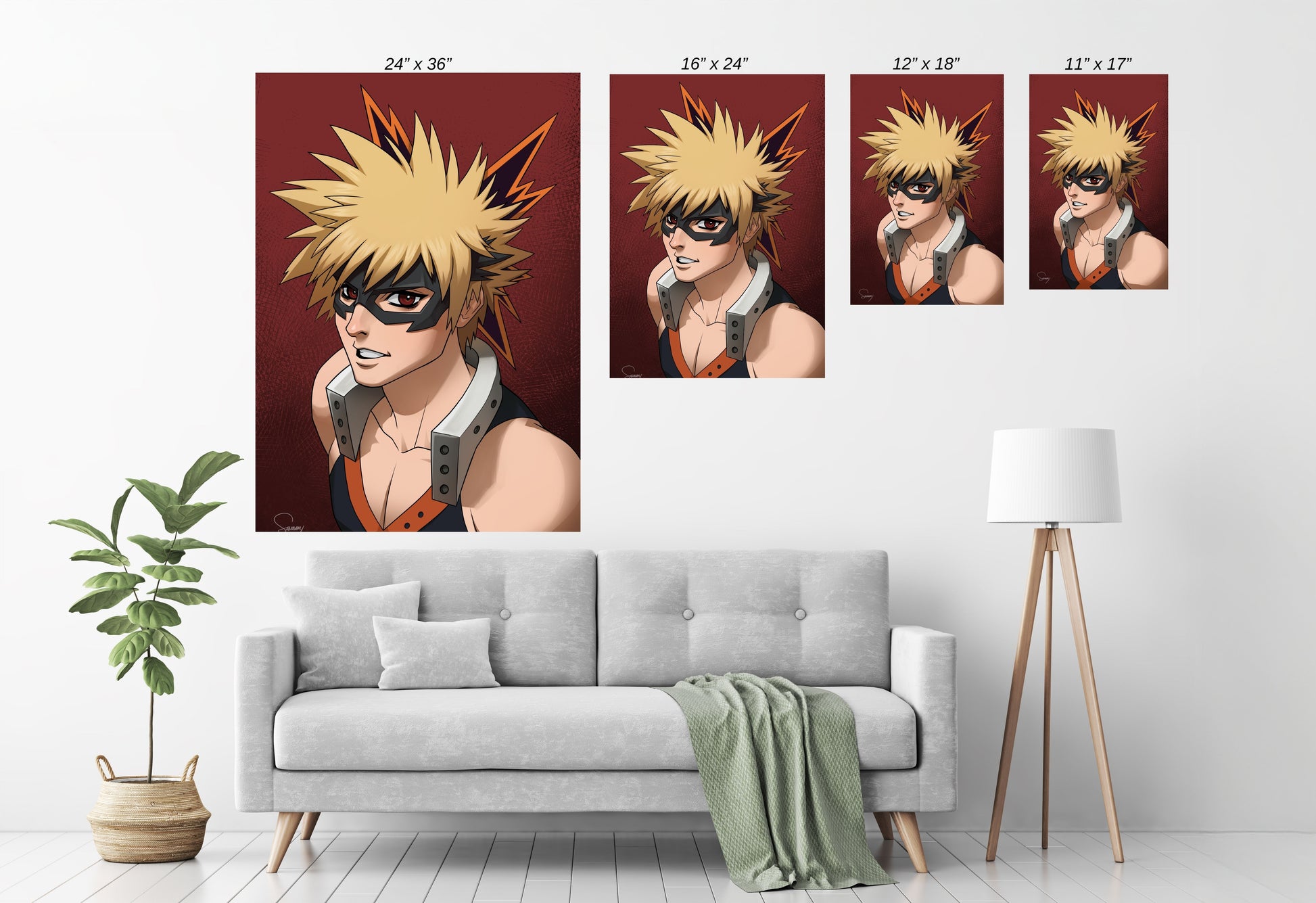 Room mockup — framed blast-themed hero portrait as wall centerpiece; energetic anime décor for gaming or office spaces.