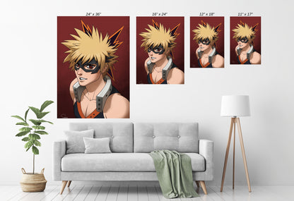 Room mockup — framed blast-themed hero portrait as wall centerpiece; energetic anime décor for gaming or office spaces.