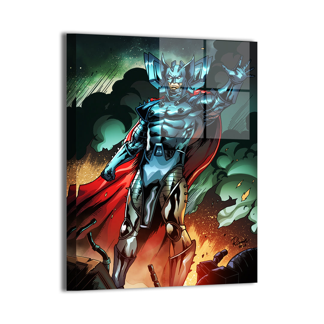 Marvel villain Stryfe stands in full armor over destruction in this 16*24 Metal Print artwork by Carlos Ramos and Nestor Redulla Jr.