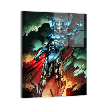 Marvel villain Stryfe stands in full armor over destruction in this 16*24 Metal Print artwork by Carlos Ramos and Nestor Redulla Jr.