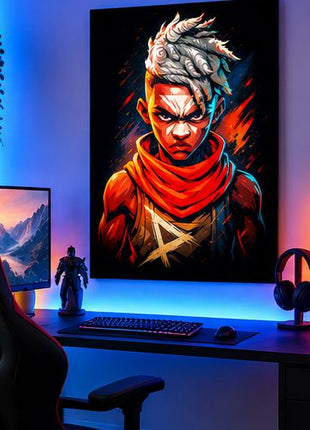 Ekko Firelight Portrait wall art above a gaming desk with blue accent lighting, headphones, and a computer