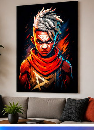 Ekko Firelight Portrait wall art above a gray sofa with plants and cushions in a lounge mockup