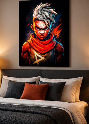 Ekko Firelight Portrait wall art above a bed between warm bedside lamps