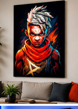 Ekko Firelight Portrait wall art above a sofa with gray and orange cushions in a living-room mockup