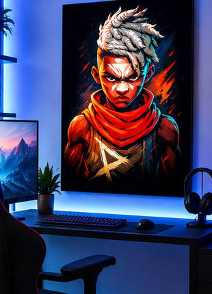 Ekko Firelight Portrait wall art above a computer keyboard in a blue-lit gaming-room mockup