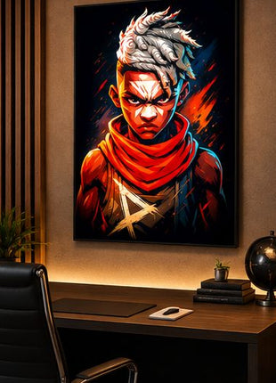 Ekko Firelight Portrait wall art above a desk and globe in a warmly lit office mockup