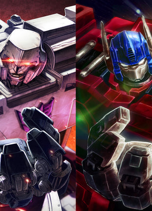 "Battle of Titans – Optimus Prime vs. Megatron Wall Art on canvas, acrylic, and metal – front view featuring a split design of the two iconic Transformers leaders."
