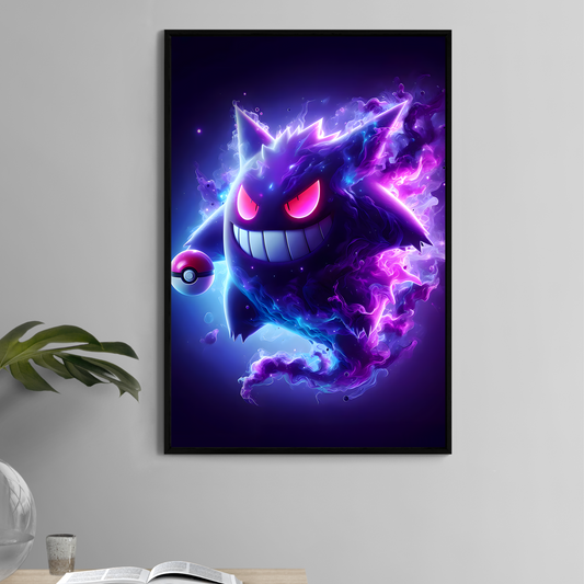 11x17 Gengar Pokémon wall print with purple and neon blue ghost energy – Snapping Turtle Gallery