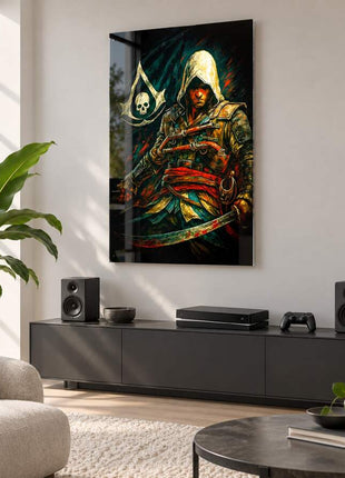 Pirate Assassin's Creed Edward Kenway acrylic wall art in a modern media lounge