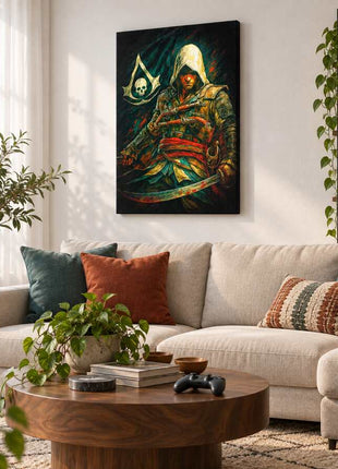 Pirate Assassin's Creed Edward Kenway canvas wall art in a cozy gaming lounge