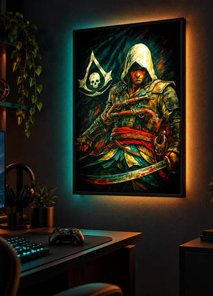 Pirate Assassin's Creed Edward Kenway LED lightbox wall art glowing in a dark gaming room