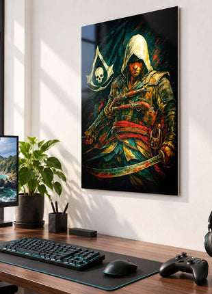 Pirate Assassin's Creed Edward Kenway metal wall art above a modern gaming desk