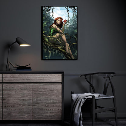 Poison Ivy-inspired jungle goddess holding rose – 11x17 print
