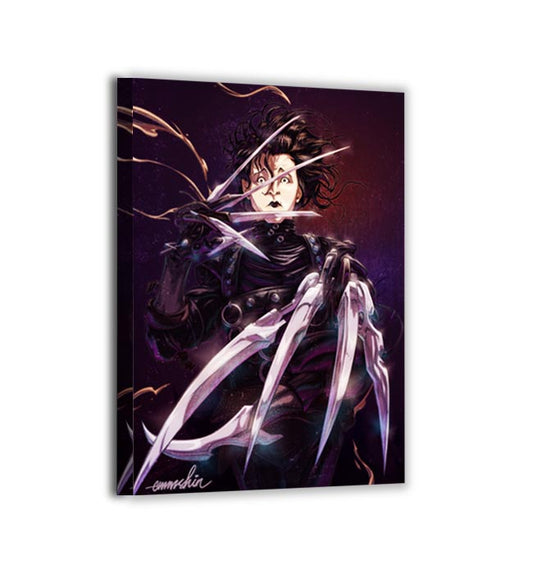 Canvas — dramatic close-up of pale face and mirrored blades; textured, Burtonesque mood; illustration by Myk Emmshin.