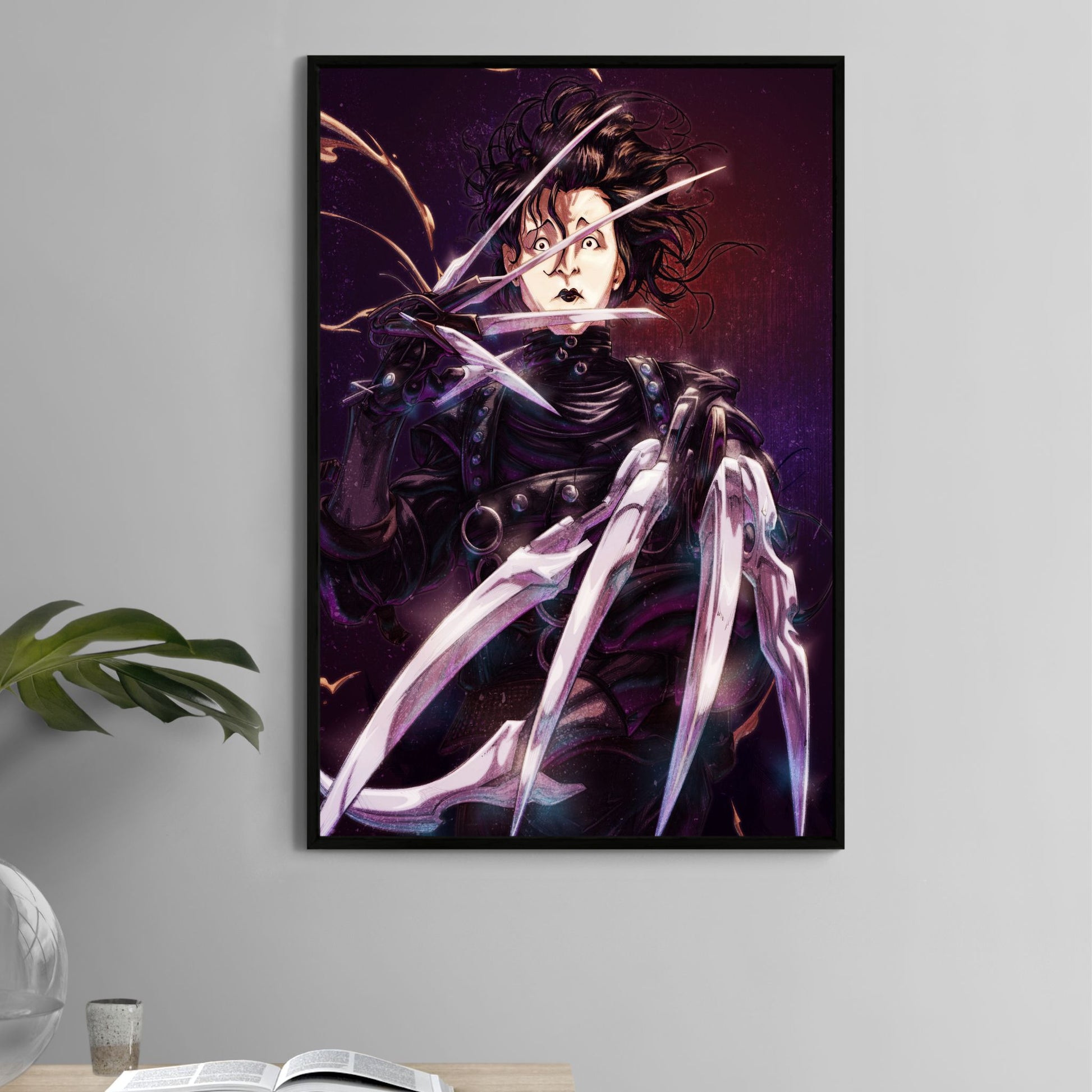 Poster — Scissorhands-inspired portrait with wild black hair and crisscrossing blades; glossy leather suit, purple-red vignette; art by Myk Emmshin.