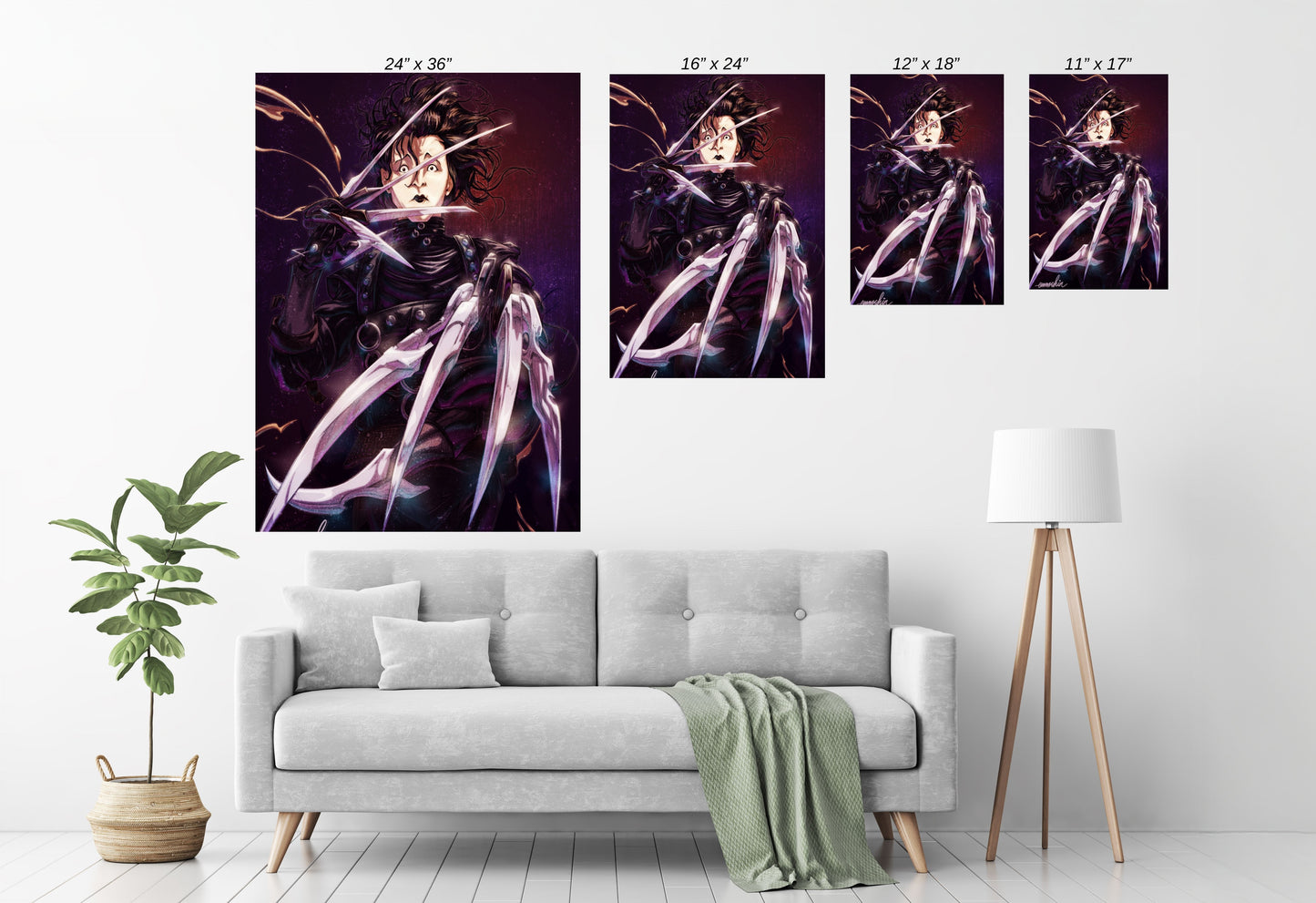 Room mockup — framed Porcelain Blade Reverie centerpiece; dark-romantic, Burtonesque décor.