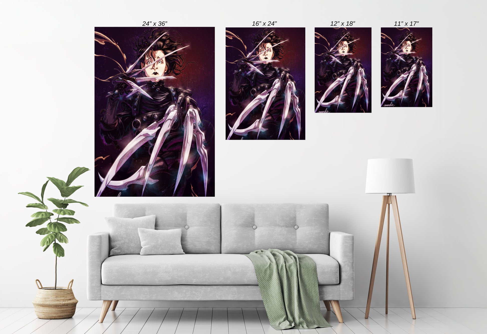 Room mockup — framed Porcelain Blade Reverie centerpiece; dark-romantic, Burtonesque décor.