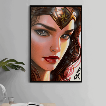 Amazon’s Resolve Poster — Wonder Woman DC portrait by Aurelio Rigoni; radiant tiara, bold colors.