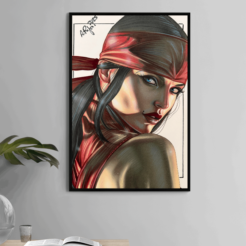 Silent Assassin Poster — Elektra Marvel portrait by Aurelio Rigoni; red bandana, intense gaze.