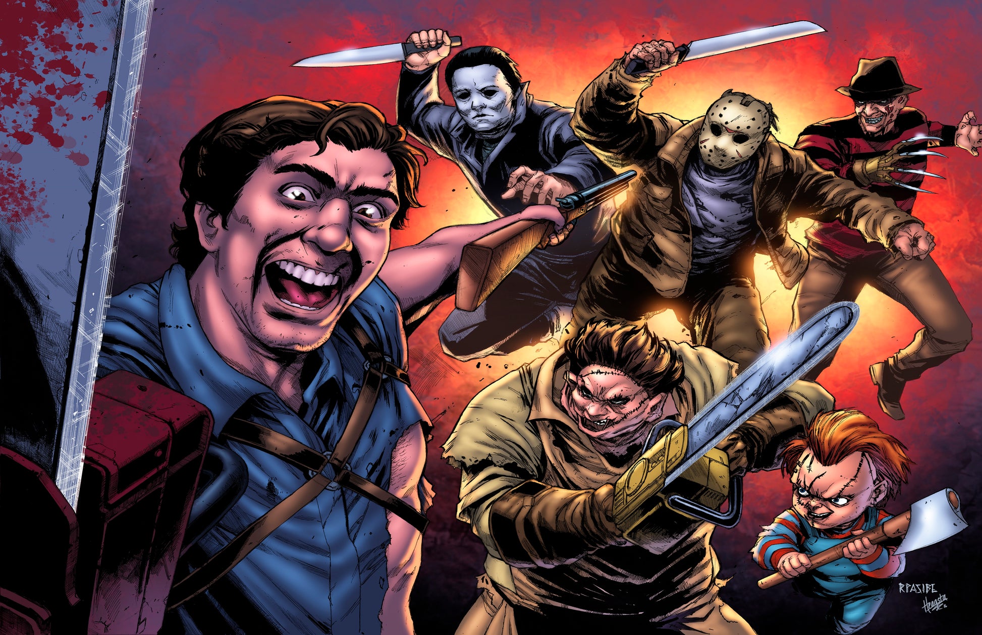 Ash Williams facing Michael Myers, Jason, Freddy, Leatherface, and Chucky; art by Ryan Pasibe.