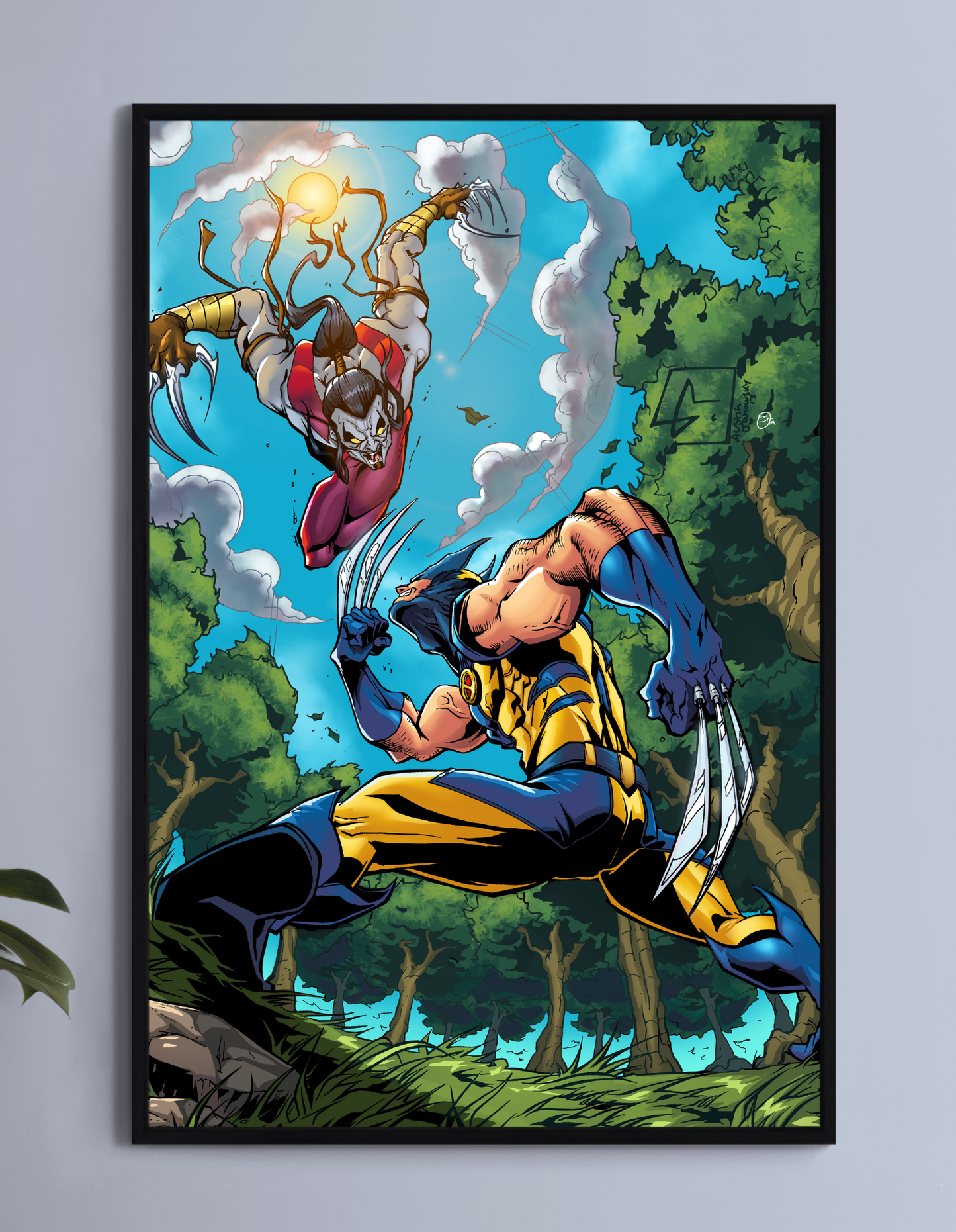 Wolverine braces with claws up as Ripclaw dives from the sky; bright blue day, tilted trees, kinetic comic battle scene.