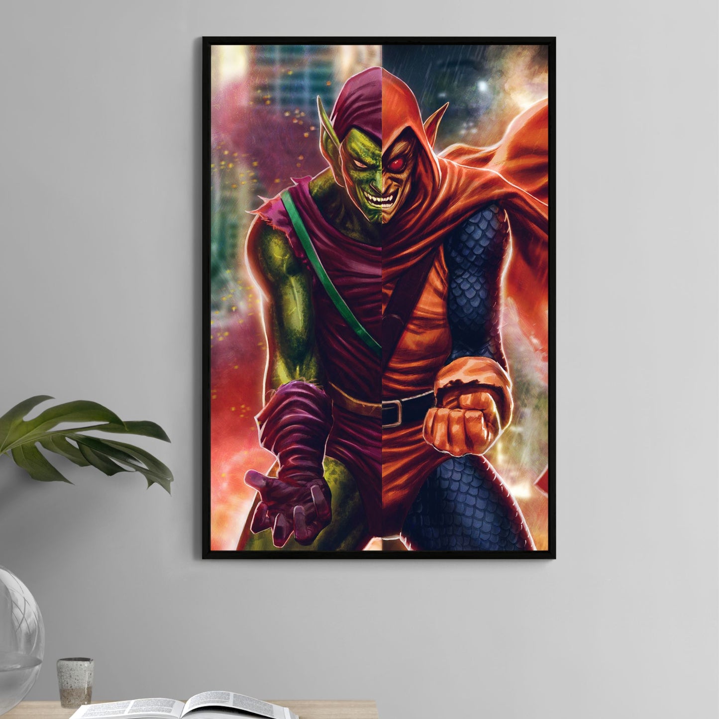 Split portrait of Green Goblin and Hobgoblin with molten city backdrop; vivid reds and greens; art by Ryan Pasibe, colors by Marvin Tabacon.