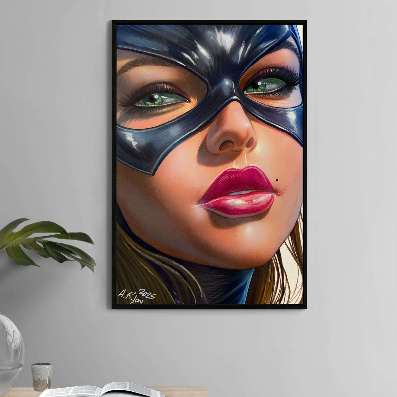 Emerald Vigil Poster — Batgirl DC portrait by Aurelio Rigoni; striking emerald eyes and dark cowl.