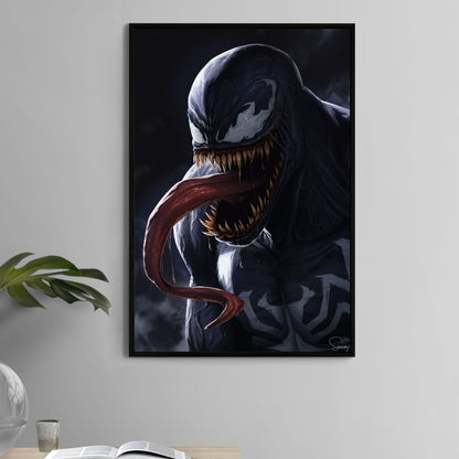 Venom portrait with sharp teeth and long tongue, poster print by Sam Dela Torre, Marvel wall art.